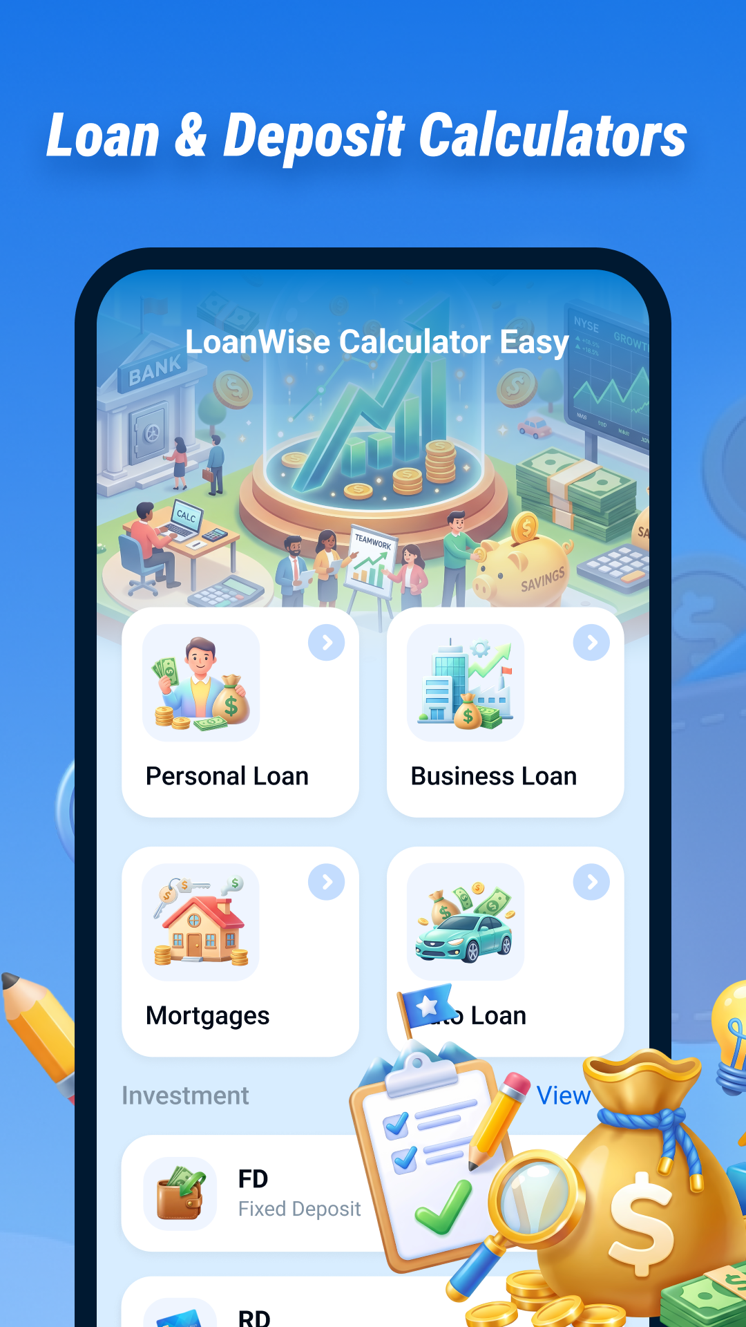 LoanWise home screen showing personal, business, mortgage, car loan and investment tools